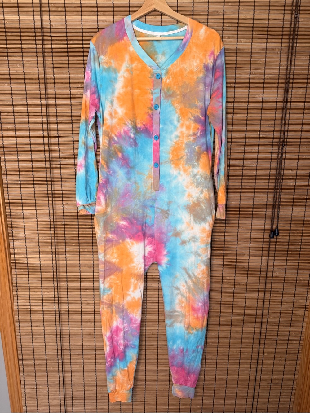 Unisex Tie-Dye Jogger One-Piece in Orange, Blue & Pink, size medium